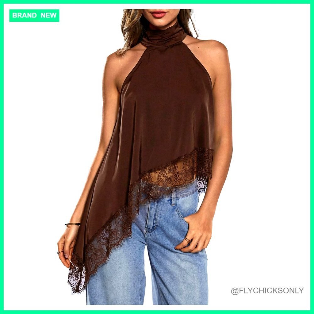 Halter Neck Lace Asymmetrical Hem Tank Top Summer Going Out